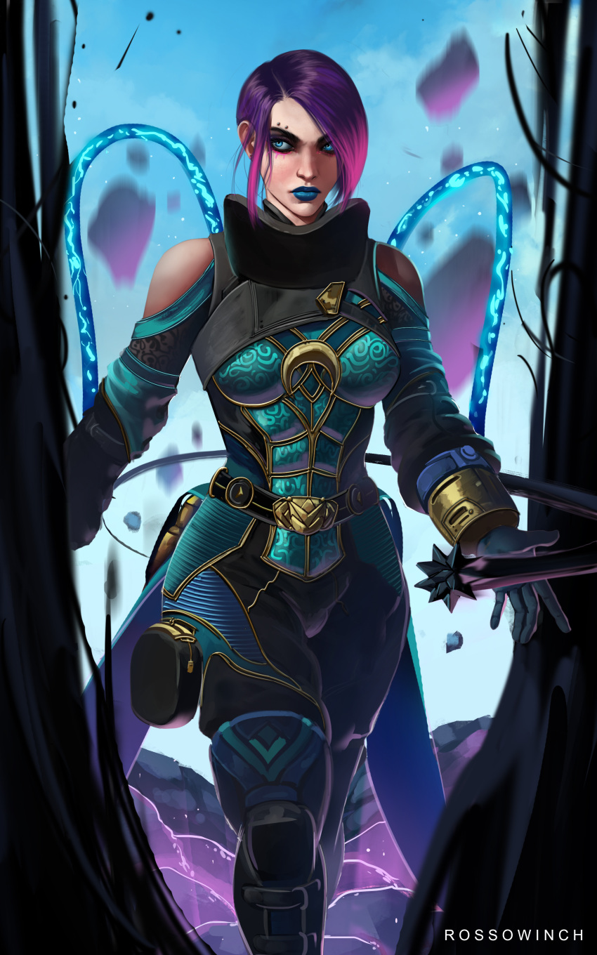 1girl absurdres apex_legends black_bodysuit black_gloves blue_eyes blue_lips blue_skirt bodysuit cable catalyst_(apex_legends) clothing_cutout cloud english_commentary eyebrow_piercing eyeliner eyeshadow frown gloves gradient_hair hair_behind_ear highres liquid looking_to_the_side makeup multicolored_hair piercing pink_eyeliner purple_eyeshadow purple_hair realistic rock rosso_winch short_hair shoulder_cutout skirt sky solo v-shaped_eyebrows walking