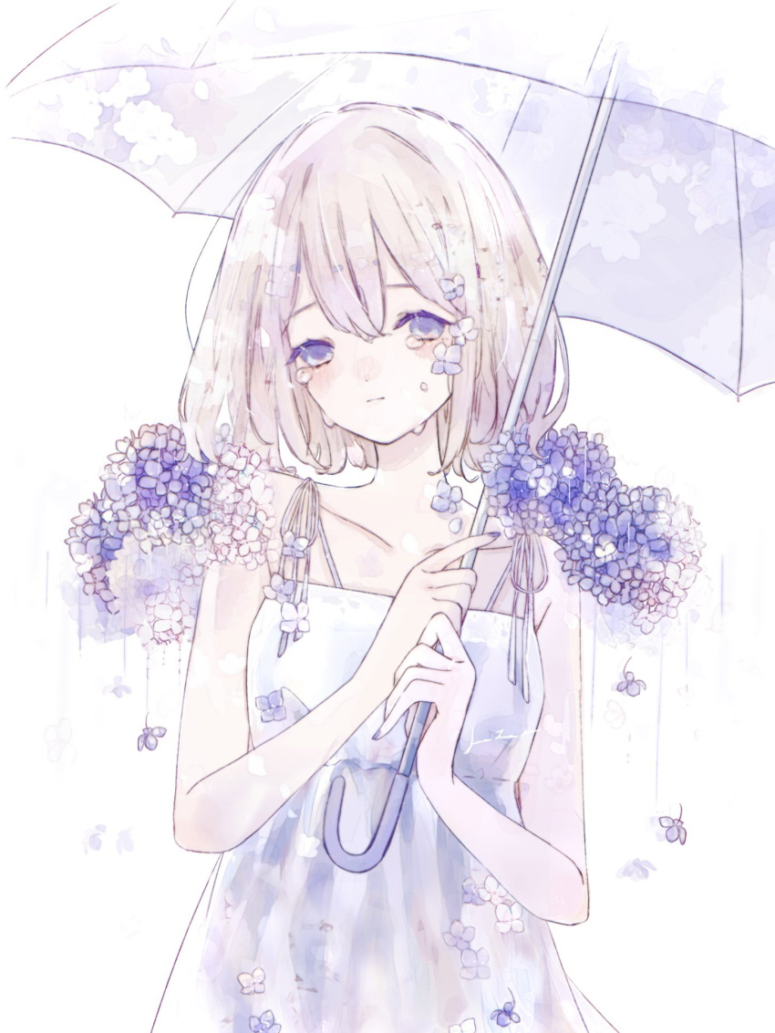 1girl bare_arms bare_shoulders blue_eyes blue_flower closed_mouth collarbone crying crying_with_eyes_open dress flower hair_flower hair_ornament highres holding holding_umbrella hydrangea kotono_n0 looking_at_viewer original purple_eyes purple_flower rain short_hair simple_background sleeveless sleeveless_dress solo sundress tears transparent transparent_umbrella umbrella upper_body white_background white_dress white_umbrella