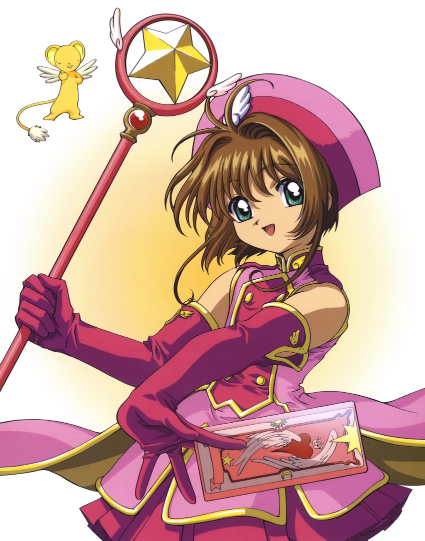 1girl absurdres brown_hair card cardcaptor_sakura child colored_skin gloves green_eyes highres holding holding_card kero kinomoto_sakura magical_girl messy_hair official_art open_mouth pink_gloves scan shadow short_hair star_(symbol) tail wings yellow_skin