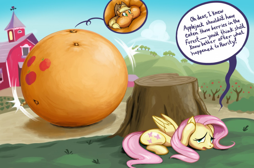 applejack_(mlp) bloated blonde_hair cheek_bulge close_to_bursting clothing cowboy_hat expansion featherhead fluttershy_(mlp) friendship_is_magic grass hair hasbro hat headgear headwear hill implied_popping inflation log motion_lines my_little_pony orange_body pink_hair plant purple_text speech_bubble text wood yellow_body