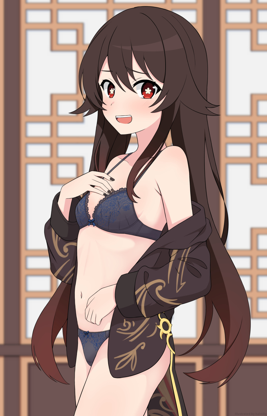 1girl absurdres bare_shoulders black_bra black_nails black_panties blush bow bow_bra bow_panties bra breasts brown_hair chinese_clothes collared_coat dressing flower-shaped_pupils from_side genshin_impact hair_between_eyes hairclip_(user_rasc5457) hand_on_own_chest highres hu_tao_(genshin_impact) indoors lace lace_bra lace_panties long_hair looking_at_viewer navel no_pants off_shoulder open_clothes open_mouth panties red_eyes small_breasts solo standing symbol-shaped_pupils twintails underwear very_long_hair