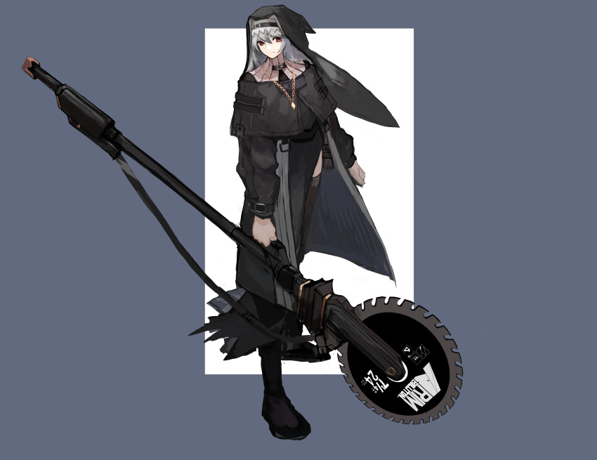 1girl absurdres arknights belt belt_buckle black_dress black_footwear black_headwear buckle capelet circular_saw coif dress grey_capelet grey_hair habit highres jewelry long_hair looking_at_viewer necklace nun pelvic_curtain pendant red_eyes sakamoto-san_(chain1397) saw shoulder_strap simple_background specter_(arknights) very_long_hair