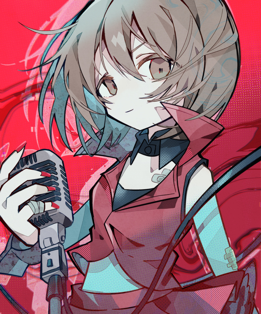 1girl absurdres bandages bandaid bandaid_on_arm bandaid_on_chest black_collar black_shirt brown_eyes brown_hair closed_mouth collar detached_collar highres holding holding_microphone holding_microphone_stand light_smile looking_at_viewer meiko_(vocaloid) microphone microphone_stand red_background red_nails red_skirt red_vest shirt short_hair skirt sleeveless solo soresaki vest vocaloid wristband