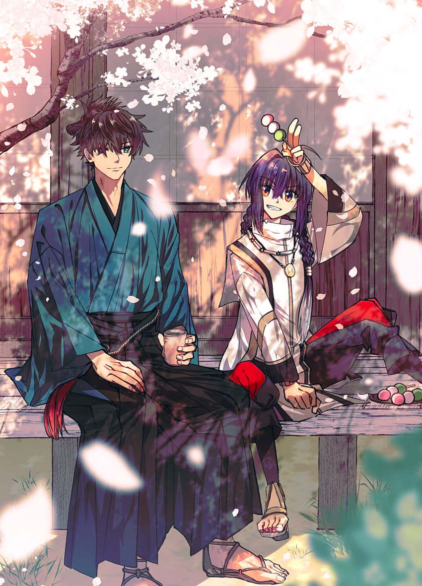 1boy 1other ahoge amulet androgynous black_hair black_hakama blue_eyes blue_kimono bracelet braid braided_ponytail branch cherry_blossoms cup dango falling_petals fate/samurai_remnant fate_(series) flower food hair_intakes hair_over_one_eye hakama highres japanese_clothes jewelry kimono miyamoto_iori_(fate) necklace orange_eyes petals ruko072 sandals sanshoku_dango shouji sidelocks single_braid sitting sliding_doors smile spring_(season) topknot wagashi waraji yamato_takeru_(fate) yunomi