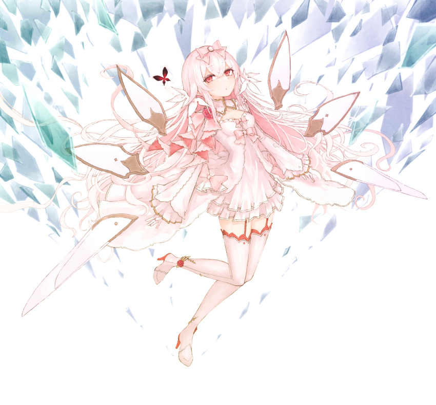 1girl absurdres arcaea boots bow breasts broken_glass bug butterfly crossed_bangs detached_wings dress expressionless flower full_body garter_straps glass hair_between_eyes hair_bow high_heel_boots high_heels highres hikari_(arcaea) hikari_(fatalis)_(arcaea) long_hair long_sleeves parted_lips pink_bow pink_dress pink_footwear pink_hair red_eyes red_flower red_garter_straps rose sepia_(kilikasumi) sidelocks solo thigh_boots wings