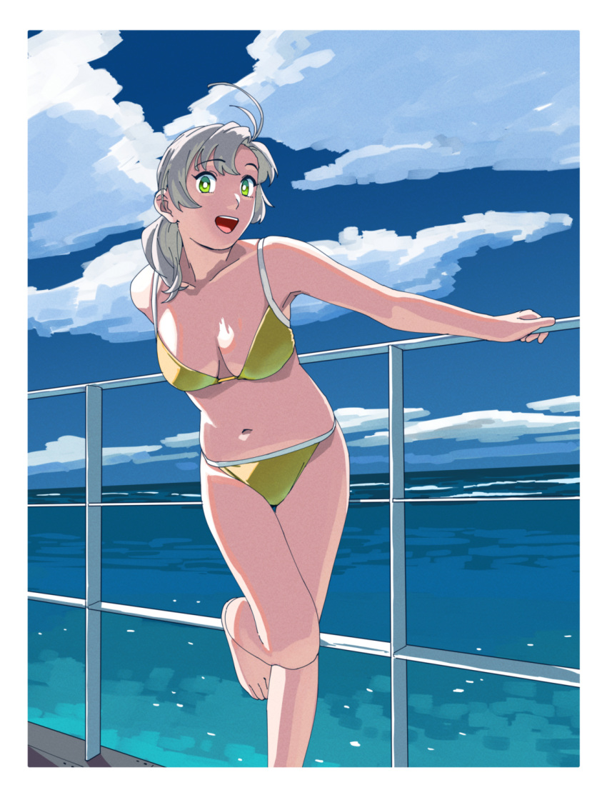 1girl ahoge alternate_costume arms_behind_back ass barefoot bikini blue_sky breasts cleavage closed_mouth cloud collarbone commentary day feet_out_of_frame grey_eyes highres kantai_collection kinugasa_(kancolle) kinugasa_kai_ni_(kancolle) kneepits looking_at_viewer medium_breasts medium_hair navel ocean ojipon open_mouth outdoors pink_hair railing sky smile solo_focus standing standing_on_one_leg swimsuit water yellow_bikini