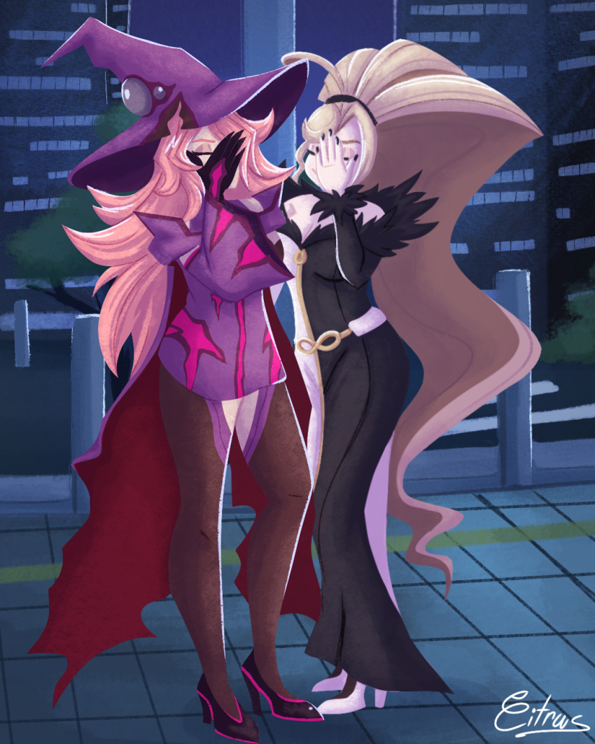 2girls absurdly_long_hair bare_shoulders black_footwear black_nails blazblue blazblue:_cross_tag_battle breasts building closed_eyes commission covered_face crossover dress fur_trim hair_over_one_eye hand_over_face hat high_heels high_ponytail highres hilda_(under_night_in-birth) konoe_a._mercury long_hair long_sleeves multicolored_clothes multicolored_dress multiple_girls nail_polish off-shoulder_dress off_shoulder ponytail purple_dress signature skyscraper sleeveless sleeveless_dress swept_bangs thighhighs under_night_in-birth urban very_long_hair vitriccitrus white_footwear witch witch_hat