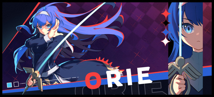 1girl ahoge black_dress blue_eyes blue_hair character_name close-up dress fighting_game hairband highres holding holding_sword holding_weapon long_hair multiple_views orie_ballardiae_harada sword under_night_in-birth upper_body weapon white_hairband yokura_(yukilina)