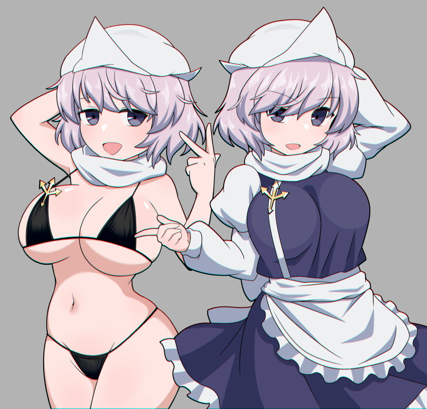 1girl bikini black_bikini hat highres lapel_pin letty_whiterock medium_hair mob_cap multiple_views navel purple_eyes purple_hair scarf solo swimsuit touhou white_scarf zawapirori