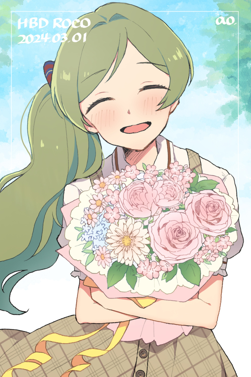 1girl :d blue_background blue_flower blush bouquet brown_dress buttons closed_eyes dated dot_nose dress dress_shirt eyelashes flower fluffy_hair frilled_sleeves frills hair_ribbon handa_roco happy_birthday highres holding holding_bouquet idolmaster idolmaster_million_live! idolmaster_million_live!_theater_days light_brown_hair long_hair looking_at_viewer official_alternate_costume official_alternate_hairstyle open_mouth parted_bangs pink_flower pink_rose plaid plaid_dress puffy_short_sleeves puffy_sleeves ribbon rose shirt short_sleeves side_ponytail sidelocks skirt smile solo suspender_skirt suspenders tree upper_body very_long_hair waka302k watercolor_background wavy_hair white_shirt yellow_ribbon