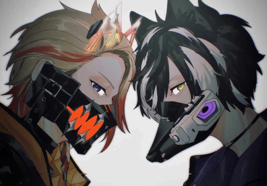 2boys animal_ear_fluff animal_ears asymmetrical_bangs axel_syrios black_hair blonde_hair blue_eyes braid choker covered_mouth dog_ears face-to-face fake_animal_ears glitch grey_background hair_tubes headgear highres holostars holostars_english jackal_boy jackal_ears jacket kageyama_shien looking_at_viewer male_focus mask momiage_40 mouth_mask multicolored_hair multiple_boys muzzle orange_hair portrait profile side_braid sideways_glance single_braid slit_pupils streaked_hair virtual_youtuber white_hair yellow_eyes