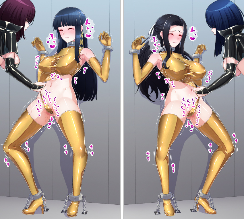 bdsm black_hair blush bondage boots bound breasts closed_eyes covered_nipples elbow_gloves frontal_wedgie gloves gold_leotard hair_ribbon highleg highleg_swimsuit highres kemurin leotard leotard_pull long_hair mahouka_koukou_no_rettousei partially_visible_vulva ribbon saegusa_mayumi shiba_miyuki swimsuit thigh_boots