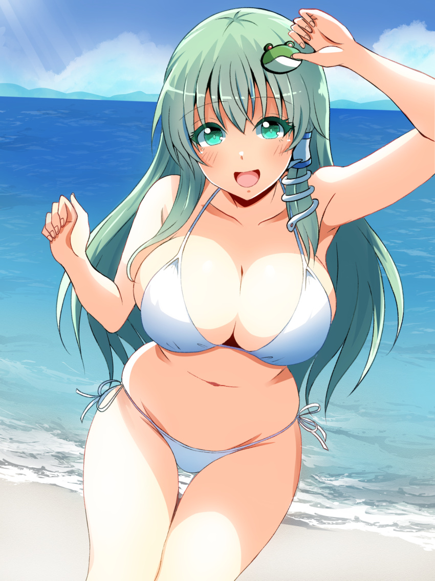 1girl alternate_costume arm_up beach bikini blush breasts cleavage collarbone colored_eyelashes commentary_request cowboy_shot day eyes_visible_through_hair fingernails frog_hair_ornament green_eyes green_hair hair_ornament hand_up highres horizon kochiya_sanae kyanta5354 large_breasts long_hair looking_at_viewer navel ocean open_mouth outdoors side-tie_bikini_bottom sidelocks smile snake_hair_ornament solo standing sunlight swimsuit thigh_gap touhou white_bikini