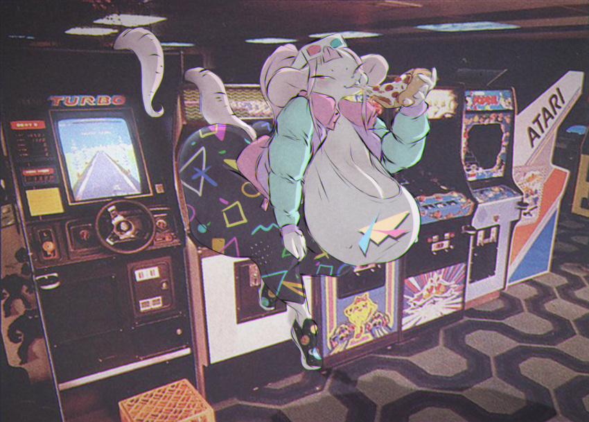 anthro arcade arcade_machine breasts cleavage clothed clothing dullvivid eating female food footwear fur hair half-closed_eyes jacket kimberly_(dullvivid) legwear mammal mouse mousemallow murid murine narrowed_eyes open_clothing open_jacket open_topwear pink_body pink_hair pink_skin pizza ponytail rodent shirt shoes smile sneakers solo t-shirt tights topwear white_body white_fur