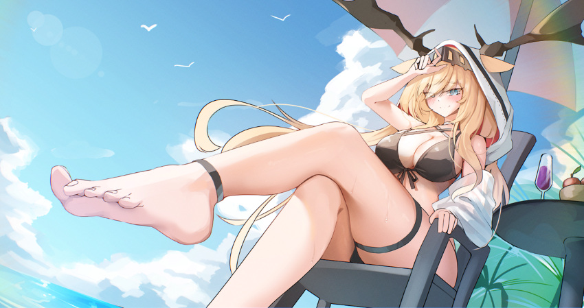 1girl absurdres animal_ears antlers antlers_through_headwear antlers_through_hood arknights barefoot bikini black_bikini blue_sky breasts chair cloud crossed_legs deer_antlers deer_ears deer_girl drink ears_through_hood hat_on_antlers hell.k highres horns large_breasts outdoors sky smile soles sweat swimsuit thigh_strap toes viviana_(arknights)