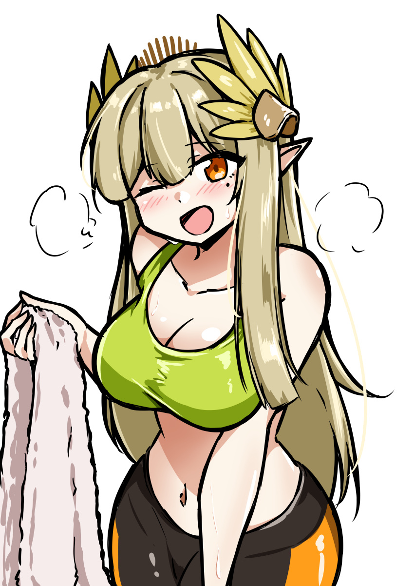 1girl ;d absurdres alternate_costume arknights bare_shoulders black_outline blonde_hair blush breasts cleavage collarbone commentary_request cowboy_shot elf eyes_visible_through_hair green_sports_bra hair_ornament hand_up heavy_breathing highres holding holding_towel hot leggings long_hair looking_at_viewer medium_breasts midriff mole mole_under_eye muelsyse_(arknights) navel one_eye_closed open_mouth orange_eyes outline pointy_ears simple_background sketch sleeveless smile solo sports_bra standing sweat towel white_background xibu_cai