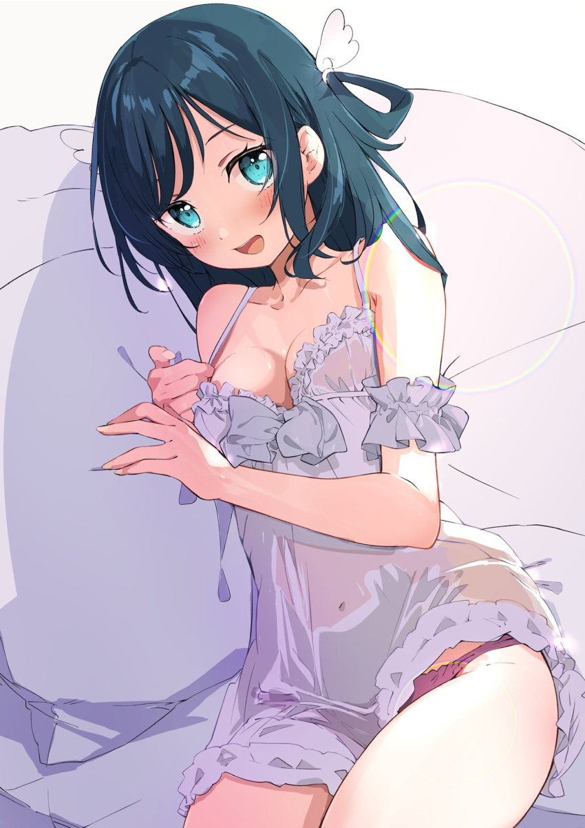 1girl alternate_costume amano_nene_(vtuber) aqua_eyes arm_garter bare_shoulders black_hair blush breasts cleavage frilled_nightgown groin hair_rings highres long_hair looking_at_viewer medium_breasts miyuki_(yxbt7) nightgown open_mouth panties pink_panties production_kawaii sidelocks sleepwear smile solo underwear virtual_youtuber white_chemise white_nightgown wing_hair_ornament