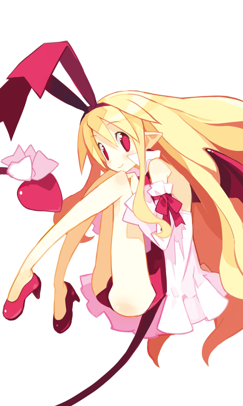 absurdres blonde_hair bow demon_girl demon_tail demon_wings disgaea flonne flonne_(fallen_angel) harada_takehito high_heels highres leotard long_hair long_tail looking_at_viewer makai_senki_disgaea photoshop_(medium) pointy_ears red_eyes red_leotard red_tail red_wings ribbon simple_background smile tail tail_bow tail_ornament white_background wings