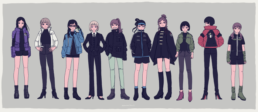 6+girls adjusting_eyewear alternate_costume alternate_hairstyle ankle_boots arafune_squad's_uniform armor arms_at_sides bare_legs baseball_cap black_footwear black_hair black_hat black_jacket black_necktie black_pants black_shorts black_vest blonde_hair blue_jacket bob_cut boots border braid braided_ponytail brown_hair colored_shoe_soles cropped_jacket fingerless_gloves fujimaru_nono full_body fuyushima_squad's_uniform gloves green_gloves green_jacket green_nails green_pants grey_background grey_hair grin hair_bun hair_over_shoulder hair_rings hair_up hand_in_pocket hand_up hands_in_pockets hands_on_own_hips hat high_collar high_heels highres hiyami_aki jacket kagami_rin kageura_squad's_uniform knee_boots kon_yuka kunichika_yuu kusakabe_saki kusakabe_squad's_uniform lineup long_hair looking_at_viewer looking_back low_twintails maki_risa mikumo_squad's_uniform miwa_squad's_uniform mnmikwt multiple_girls necktie ninomiya_squad's_uniform nire_hikari pants profile purple_gloves purple_jacket purple_vest shoe_soles short_hair shorts side_ponytail simple_background single_braid single_hair_bun sleeves_past_fingers sleeves_past_wrists smile standing stiletto_heels suit tachikawa_squad's_uniform tsukimi_ren turtleneck twintails uniform updo usami_shiori vest world_trigger yuba_squad's_uniform