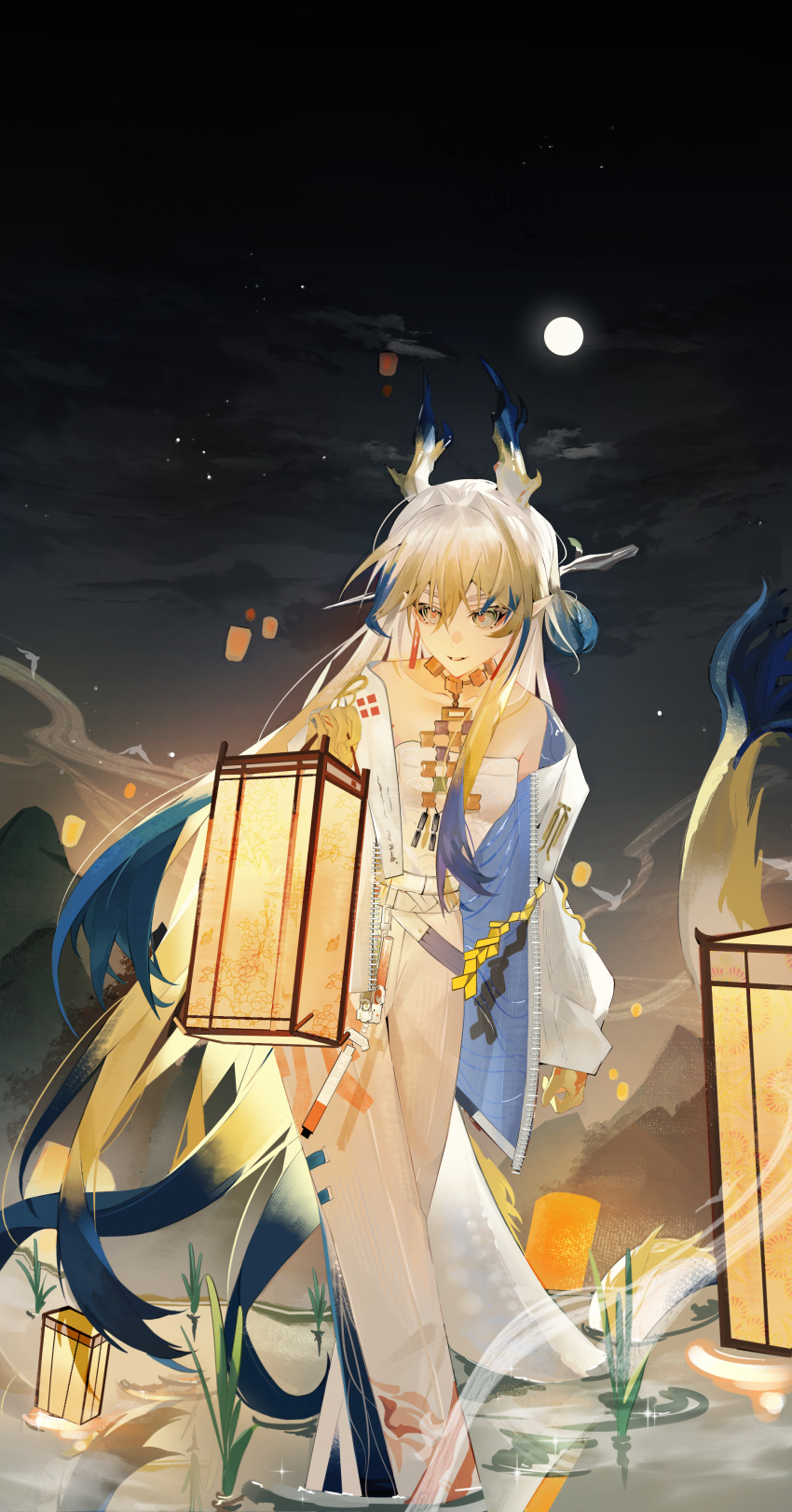 1girl absurdres arknights bare_shoulders belt black_sky blonde_hair blue_hair blue_horns brown_hair chenai_xingzhe dragon_girl dragon_horns dragon_tail earrings feet_out_of_frame full_moon grey_eyes hair_between_eyes hair_intakes hand_up highres holding horns jacket jewelry lantern leaning_forward long_hair long_sleeves looking_down looking_to_the_side moon multicolored_hair necklace night night_sky off_shoulder open_clothes open_jacket orange_pupils outdoors pants paper_lantern parted_lips plant pointy_ears shu_(arknights) sky solo sparkle standing star_(sky) strapless tail tube_top unzipped very_long_hair wading water white_belt white_hair white_horns white_jacket white_pants white_tail white_tube_top zipper