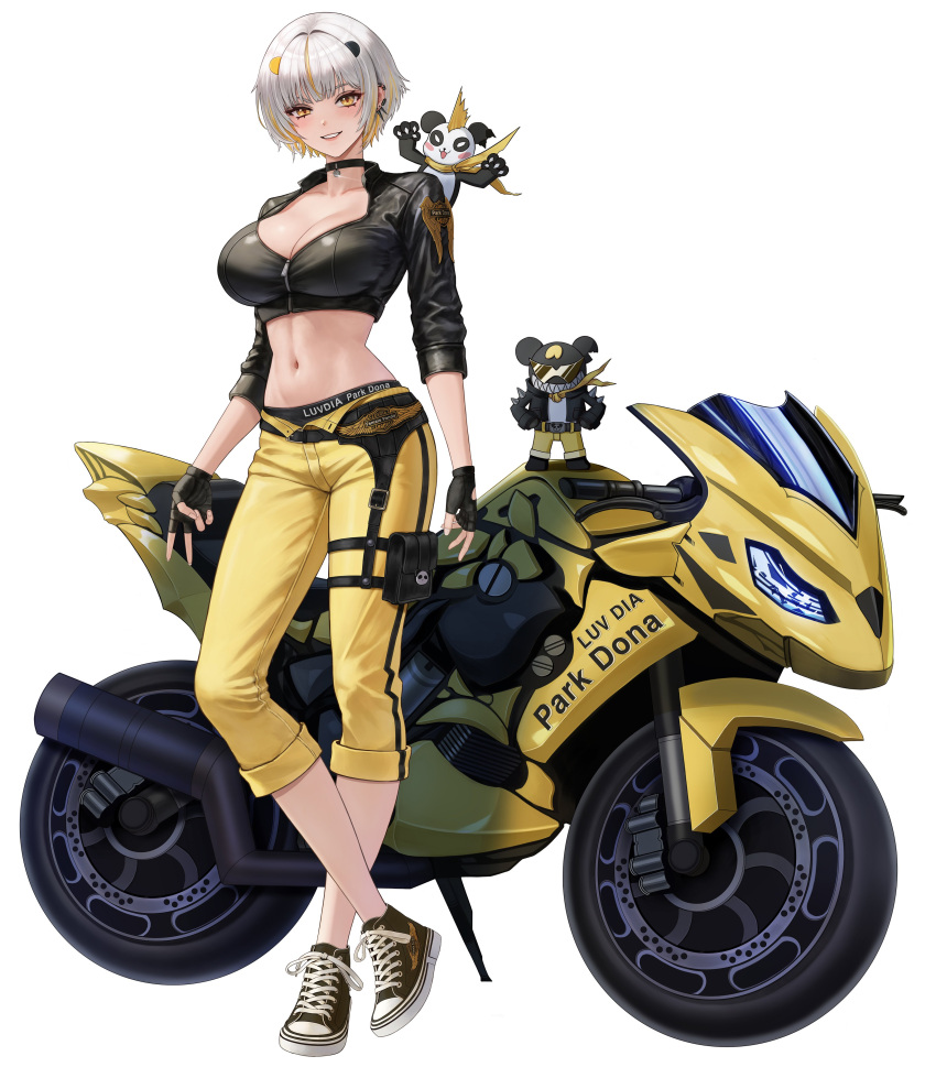 1girl absurdres black_choker black_footwear black_gloves black_jacket black_panties blonde_hair blunt_bangs breasts choker cleavage ear_piercing eruthu fingerless_gloves full_body gloves highres jacket large_breasts looking_at_viewer luvdia mascot midriff motor_vehicle motorcycle multicolored_hair navel panties pants park_dona piercing pink_lips pouch shoes short_hair sidelocks sneakers standing streaked_hair thigh_pouch thigh_strap two-tone_hair underwear v virtual_youtuber white_background white_hair yellow_eyes yellow_pants