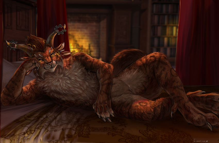 anthro bedroom bookshelf brown_body brown_fur charr cheek_tuft claws curtains detailed_background eleacat facial_tuft featureless_chest felid female fireplace flat_chested fur furniture genitals guild_wars hi_res horn horn_jewelry jewelry looking_at_viewer lying mammal on_side pussy seductive solo tuft whiskers