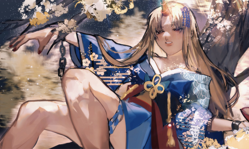 absurdres blonde_hair blue_kimono breasts heinrich_(fernanderuddle) highres horns hoshiguma_yuugi hoshiguma_yuugi_(kimono) japanese_clothes kimono large_breasts long_hair looking_at_viewer single_horn sitting touhou very_long_hair