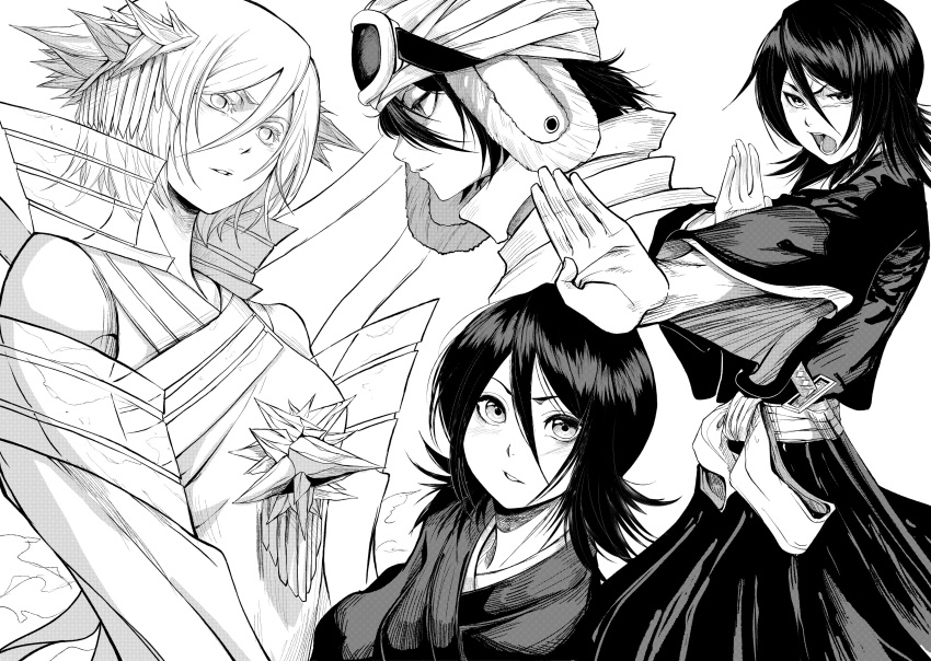 1girl absurdres bankai black_hair black_kimono bleach bleach:_sennen_kessen-hen blush hair_between_eyes hakka_no_togame_(bankai) hat highres japanese_clothes jesse_schickler kimono kuchiki_rukia monochrome shihakusho shinigami solo zanpakutou