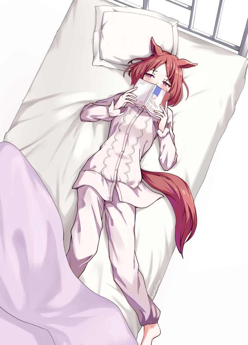 1girl absurdres barefoot bed blanket blush book brown_hair covering_own_mouth gomesu_(gomes0343) highres holding holding_book horse_girl horse_tail long_sleeves looking_to_the_side lying on_back on_bed open_book pajamas pants pillow pink_eyes pink_pants pink_shirt sakura_laurel_(umamusume) shirt short_hair solo sweatdrop tail twitter_username umamusume white_background