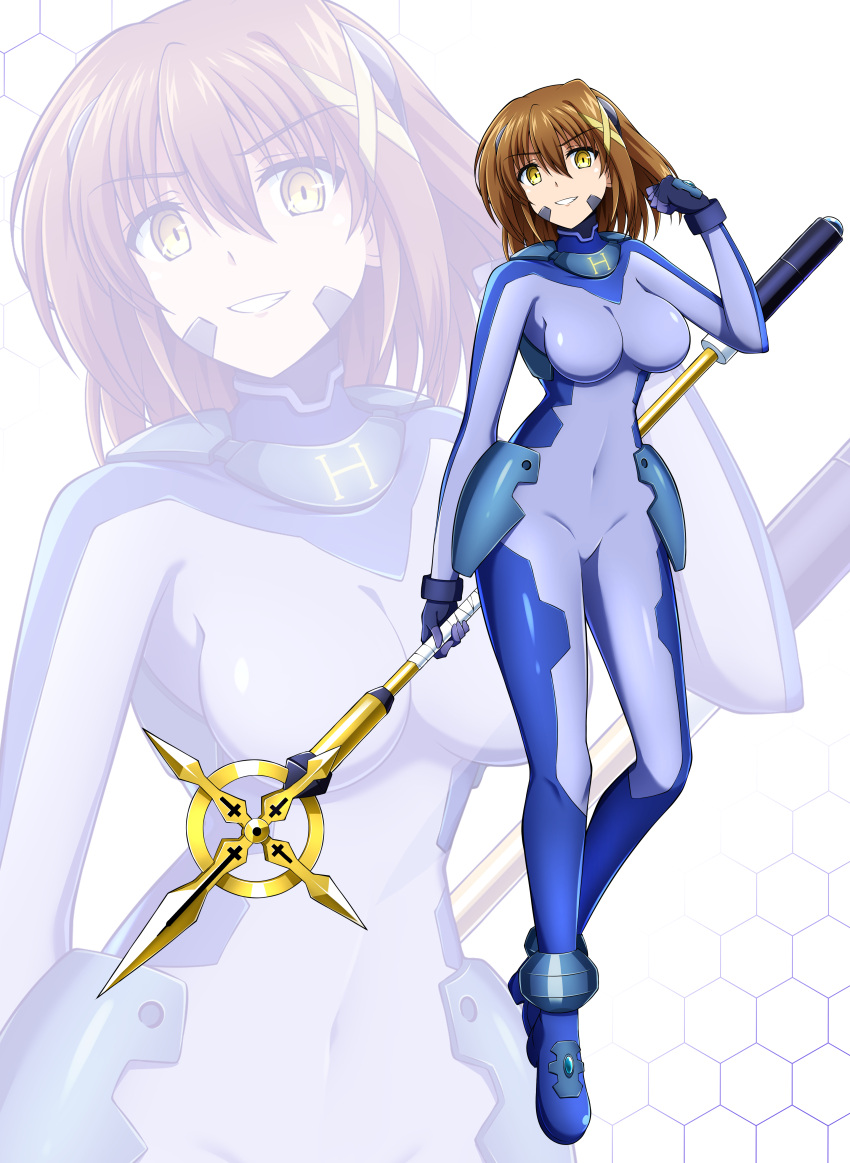 1girl absurdres alternate_eye_color blue_bodysuit bodysuit breasts brown_hair commission covered_navel dark_persona fingerless_gloves full_body gloves grin highres holding holding_staff large_breasts looking_at_viewer lyrical_nanoha mahou_shoujo_lyrical_nanoha_strikers mind_control numbers'_uniform oshimaru026 pixiv_commission skin_tight smile solo staff two-tone_bodysuit yagami_hayate yellow_eyes zoom_layer
