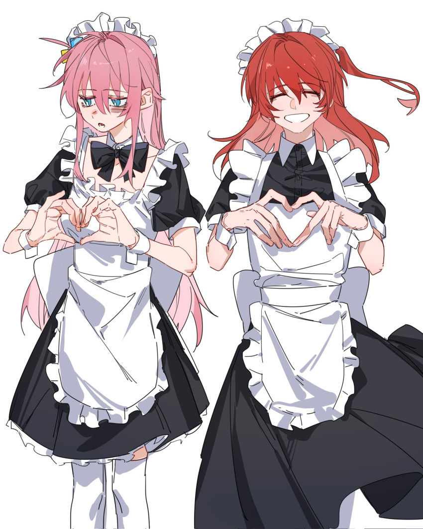 2girls apron black_bow black_bowtie black_dress blue_eyes blush bocchi_the_rock! bow bowtie bright_pupils closed_eyes commentary cube_hair_ornament detached_collar dress finger_heart gotoh_hitori grin hair_ornament hashtag-only_commentary highres kita_ikuyo long_hair maid maid_apron maid_headdress molu_stranger multiple_girls one_side_up open_mouth pink_hair red_hair short_sleeves simple_background smile thighhighs white_apron white_background white_pupils white_thighhighs wrist_cuffs