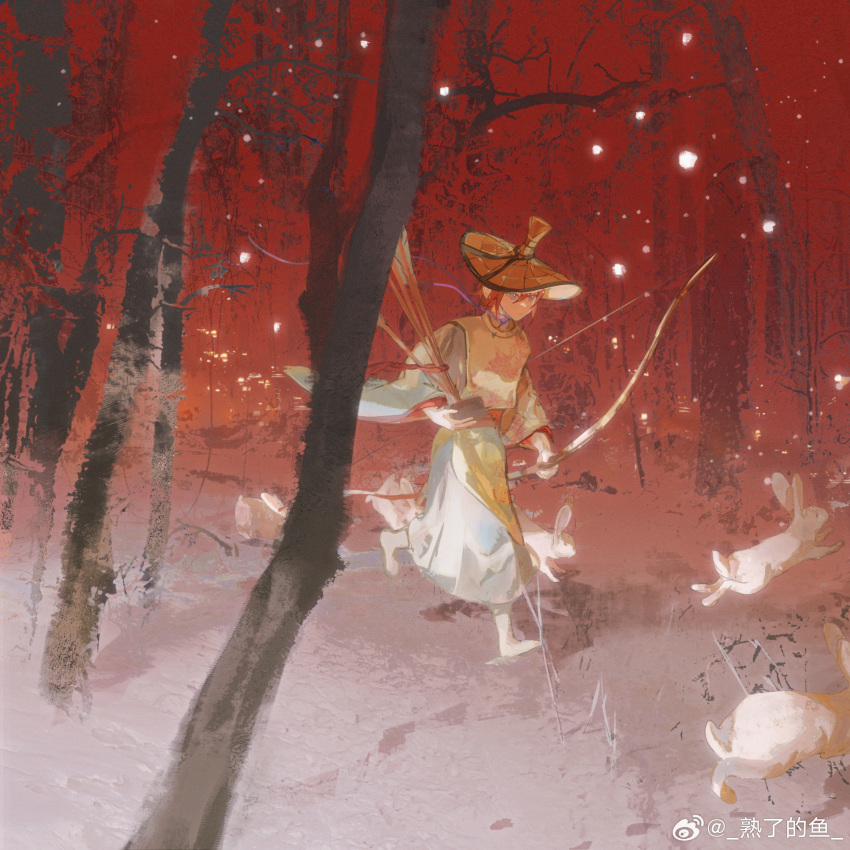 1girl absurdres arrow_(projectile) bare_tree bow_(weapon) chinese_commentary closed_mouth forest grey_kimono hat highres holding holding_arrow holding_bow_(weapon) holding_weapon japanese_clothes kimono nature original outdoors rabbit red_background red_hair red_sash sash shoes short_hair shule_de_yu snow snowing solo tree walking weapon weibo_logo weibo_username white_footwear wide_sleeves