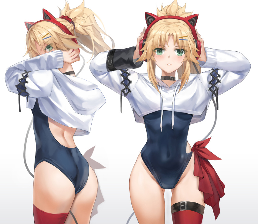 1girl animal_ear_headphones animal_ears ass back bare_shoulders blonde_hair blue_one-piece_swimsuit blush braid breasts cat_ear_headphones choker commentary_request crop_top crop_top_overhang fake_animal_ears fate/apocrypha fate_(series) french_braid garter_belt green_eyes hair_ornament hair_scrunchie headphones highres long_hair long_sleeves looking_at_viewer looking_back mordred_(fate) mordred_(fate/apocrypha) multiple_views navel one-piece_swimsuit parted_bangs parted_lips ponytail scrunchie sidelocks small_breasts swimsuit thighhighs thighs tonee underboob