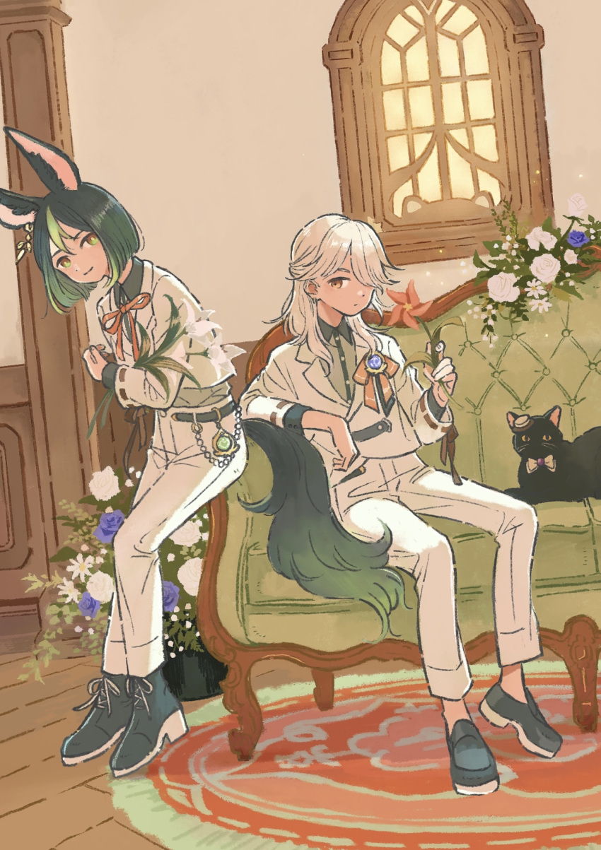 2boys animal_ear_fluff animal_ears black_cat black_footwear black_hair blue_flower blue_rose blunt_ends boots bow bowtie bright_pupils brown_eyes brown_ribbon buttons cat cecilia_flower_(genshin_impact) closed_mouth collared_shirt commentary_request couch cropped_jacket cyno_(genshin_impact) dark-skinned_male dark_skin earrings expressionless flower flower_pot fox_boy fox_ears fox_tail genshin_impact gradient_hair green_eyes green_hair green_shirt hair_between_eyes hair_over_one_eye hat highres holding holding_flower indoors inoue_haruka_(haruharu210) jacket jewelry lapels light_particles long_hair long_sleeves looking_at_viewer male_focus mini_hat multicolored_eyes multicolored_hair multiple_boys neck_ribbon on_couch one_eye_covered pants parted_bangs plant potted_plant prince_(genshin_impact) red_flower red_ribbon ribbon ribbon-trimmed_sleeves ribbon_trim rose rug shirt shoes short_hair single_earring sitting smile streaked_hair swept_bangs tail tighnari_(genshin_impact) vision_(genshin_impact) white_bow white_bowtie white_flower white_hair white_hat white_jacket white_pants white_pupils white_rose window windwheel_aster_(genshin_impact) wing_collar wooden_floor