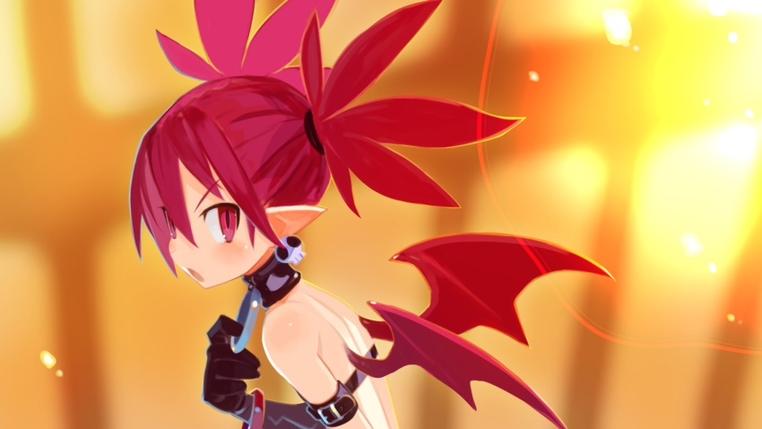 1girl arm_strap black_gloves choker demon_girl demon_wings disgaea disgaea_d2 earrings etna_(disgaea) flat_chest game_cg gloves harada_takehito highres jewelry long_hair looking_at_viewer non-web_source official_art open_mouth photoshop_(medium) pointy_ears red_eyes red_hair red_wings skull_earrings solo twintails upper_body wings