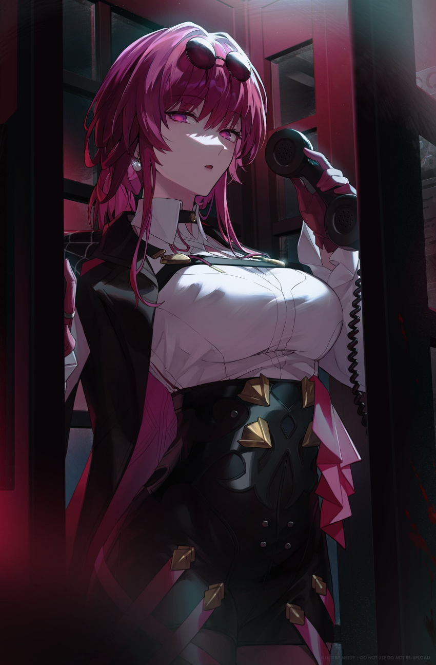 1girl black_shorts breasts collared_shirt commentary english_commentary eyewear_on_head gloves highres holding holding_phone honkai:_star_rail honkai_(series) kafka_(honkai:_star_rail) large_breasts long_hair long_sleeves looking_at_viewer nez39 parted_lips phone phone_booth pince-nez purple_eyes purple_gloves purple_hair shirt shirt_tucked_in shorts solo sunglasses white_shirt