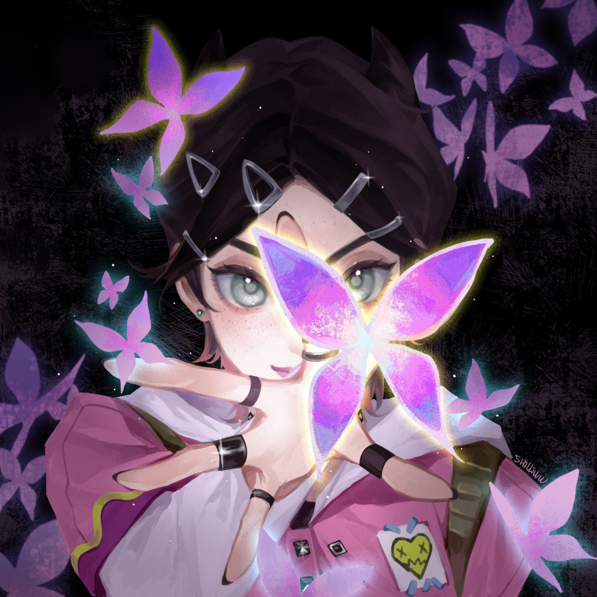 1other androgynous animification artist_name black_background bug butterfly clove_(valorant) freckles glint green_eyes heart highres hood hood_down hooded_jacket jacket jewelry multiple_rings open_hand pink_jacket portrait purple_lips ring smile valorant wan_wan