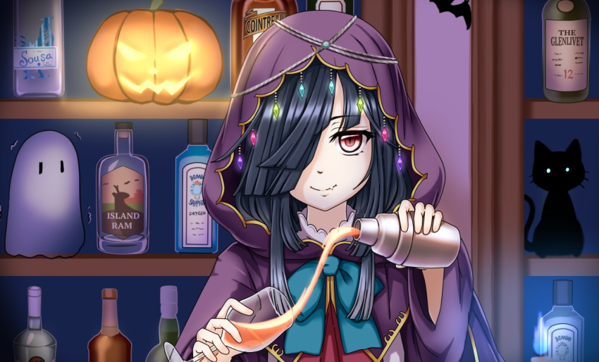 1girl alcohol bar bat black_hair blue_bow blue_bowtie bow bowtie cat cloak closed_mouth cup dress drinking_glass eyebrows_visible_through_hair ghost hair_over_one_eye halloween halterneck hayashimo_(kancolle) hime_cut jack-o'-lantern kantai_collection karuna_(madlax) long_hair looking_at_viewer pouring red_eyes school_uniform shirt smile solo uniform upper_body very_long_hair white_shirt wine_glass witch