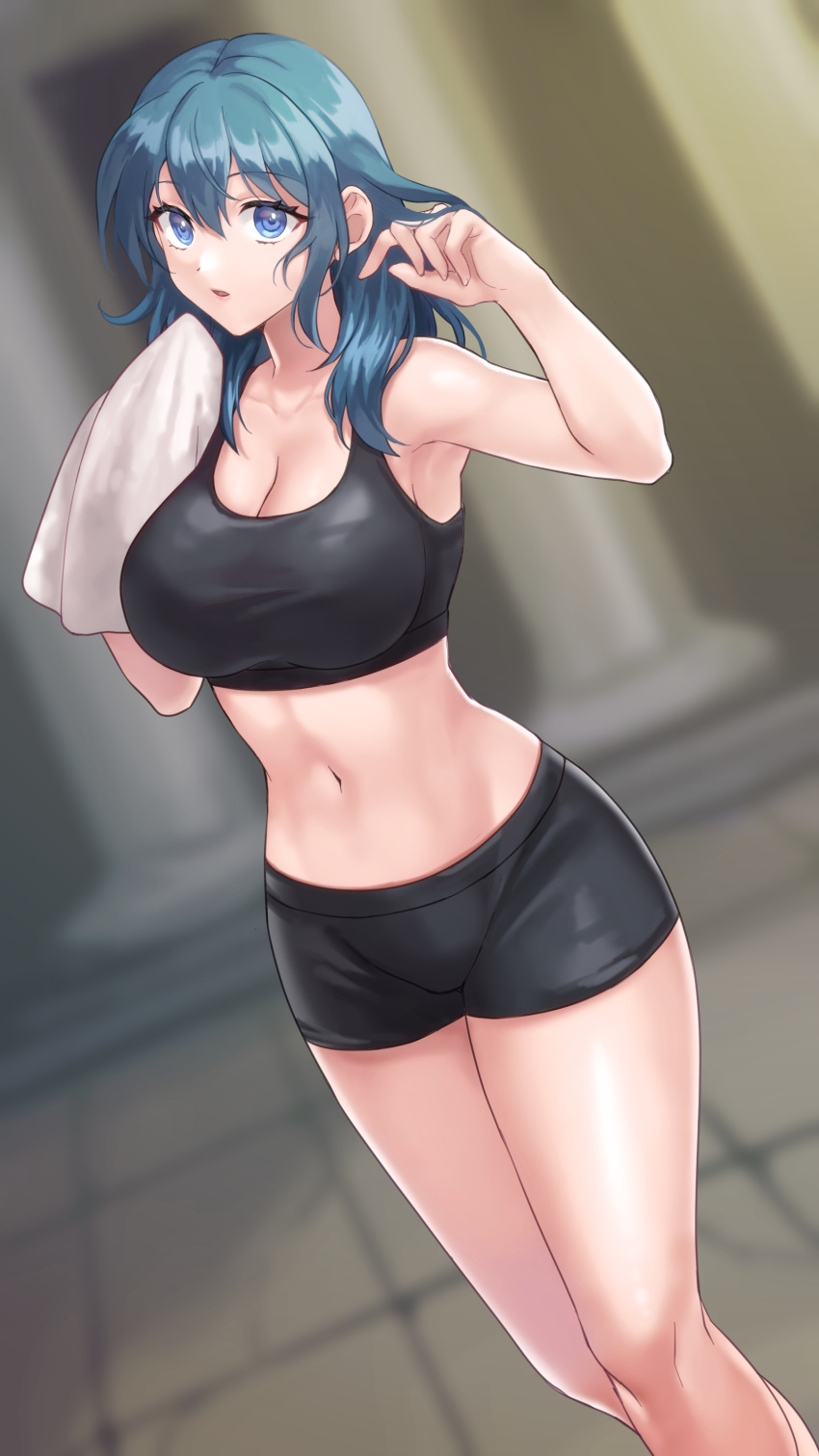 1girl absurdres bare_shoulders black_shorts blue_eyes blue_hair blurry blurry_background breasts byleth_(female)_(fire_emblem) byleth_(fire_emblem) cleavage commentary_request crop_top feet_out_of_frame fire_emblem fire_emblem:_three_houses hands_up hazuki_(nyorosuke) highres large_breasts long_hair looking_at_viewer midriff navel parted_lips short_shorts shorts solo sports_bra standing stomach thighs towel