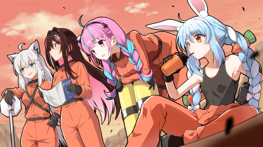 4girls ahoge anchor_hair_ornament animal_ears azki_(hololive) bare_shoulders black_gloves black_tank_top blue_archive blue_eyes blue_hair blue_hairband blunt_bangs blush braid breasts brown_hair carrot_hair_ornament closed_mouth collared_shirt colored_inner_hair commentary_request crossed_bangs double-parted_bangs drinking drinking_straw dutch_angle fanged_bangs feet_out_of_frame food-themed_hair_ornament fox_ears fox_girl french_braid from_behind gloves grey_hair hair_between_eyes hair_ornament hairband hairclip half_updo hand_on_own_hip hazmat_suit highres holding holding_map hololive jumpsuit jumpsuit_around_waist knee_up leaning_forward leaning_on_object lethal_company light_blush long_hair long_skirt looking_afar looking_ahead low_ponytail map medium_breasts minato_aqua multicolored_hair multiple_girls official_alternate_hair_length official_alternate_hairstyle open_jumpsuit open_mouth orange_eyes orange_jumpsuit outdoors oxygen_tank parted_hair pink_hair purple_eyes purple_hair rabbit_ears road_sign shirakami_fubuki shirt short_ponytail sidelocks sideways_glance sign sitting skirt sky small_breasts smile stop_sign sunset sweat tank_top thick_eyebrows twin_braids twintails two-tone_hair usada_pekora virtual_youtuber white_hair yuto_(dialique)
