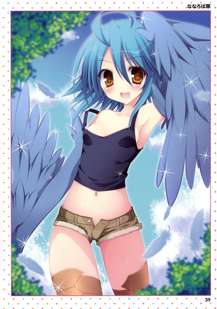 1girl :d absurdres ahoge arm_up artbook artist_name bird_legs black_tank_top blue_hair blue_sky blue_wings blush border breasts brown_shorts cowboy_shot eyebrows_visible_through_hair feathered_wings feathers hair_between_eyes harpy highres micro_shorts midriff monster_girl monster_musume_no_iru_nichijou nanaroba_hana navel open_fly open_mouth page_number papi_(monster_musume) scan short_hair shorts sideboob sky small_breasts smile solo strap_slip tank_top teeth white_border winged_arms wings yellow_eyes