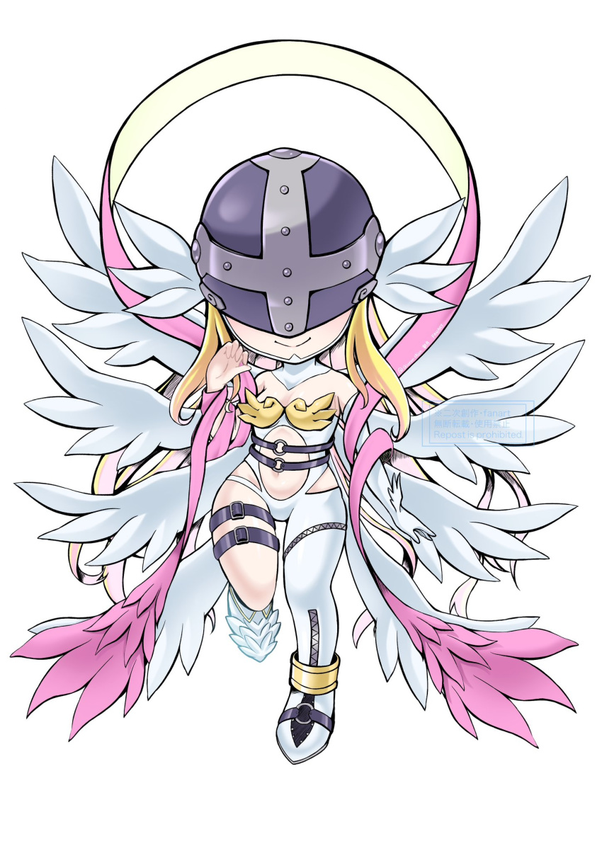 1girl angel angel_wings angewomon armor asymmetrical_legwear bare_shoulders belt black_belt blonde_hair breastplate chibi clothing_cutout covered_eyes digimon digimon_(creature) elbow_gloves feathered_wings gloves head_wings helmet helmet_over_eyes highres long_hair multiple_wings navel o-ring pink_ribbon ribbon shingetsu_(doru0222) single_glove smile solo stomach_cutout thigh_strap watermark white_gloves white_wings wings