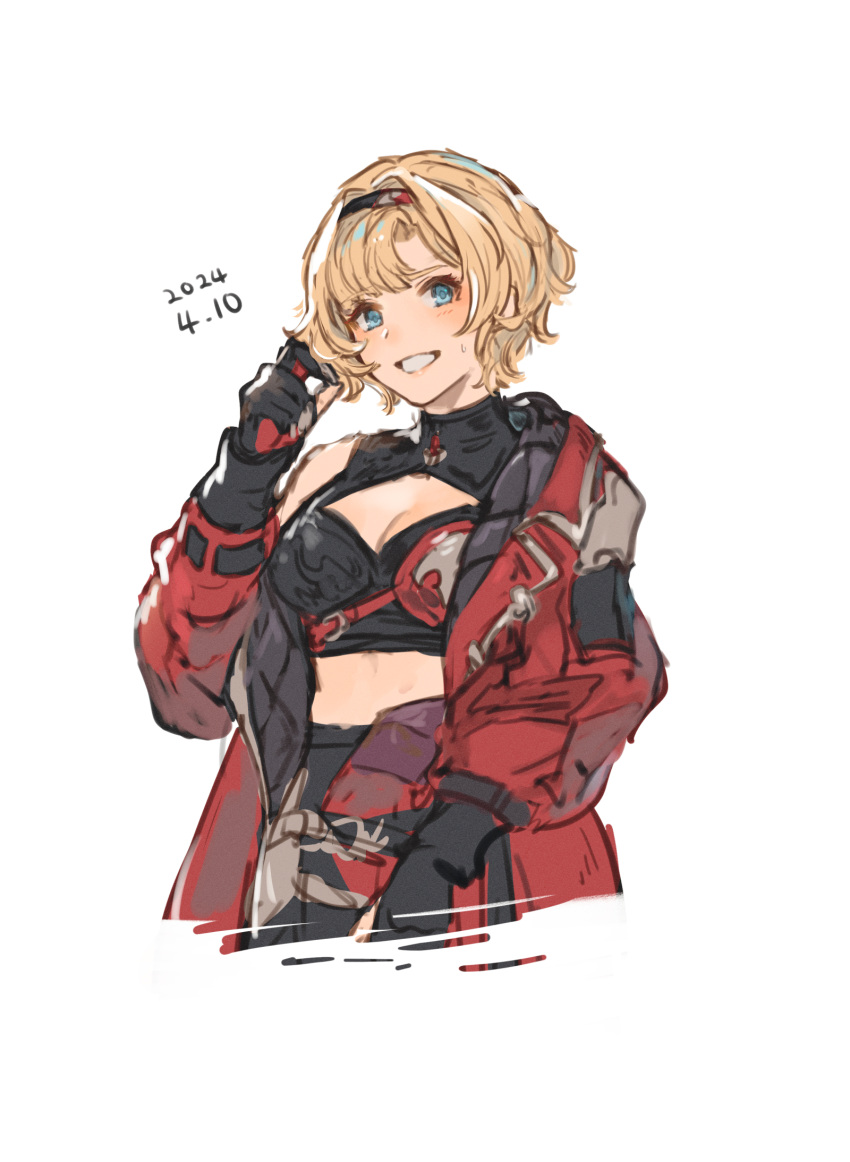 1girl :d alternate_hairstyle blonde_hair blue_eyes breasts cleavage cleavage_cutout clothing_cutout gloves granblue_fantasy hairband highres jacket medium_breasts midriff open_clothes open_jacket red_jacket shimatani_azu short_hair smile zeta_(granblue_fantasy) zeta_(grand)_(granblue_fantasy)