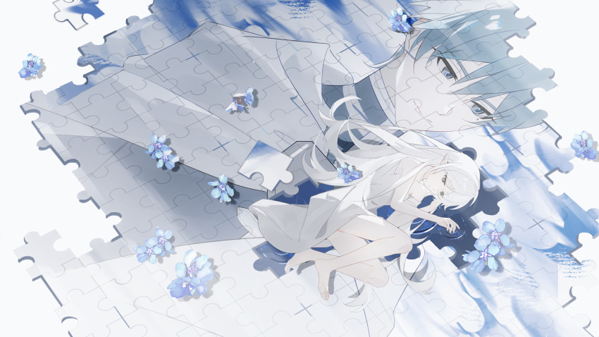 1boy 1girl absurdres blue_eyes blue_flower blue_hair cape chemise chenai_xingzhe closed_mouth elf expressionless flower frieren green_eyes half-closed_eyes highres himmel_(sousou_no_frieren) jigsaw_puzzle long_hair looking_down lying no_pants on_side pointy_ears puzzle ripples short_hair sleeveless smile sousou_no_frieren surreal thinking water white_background white_cape white_hair white_theme