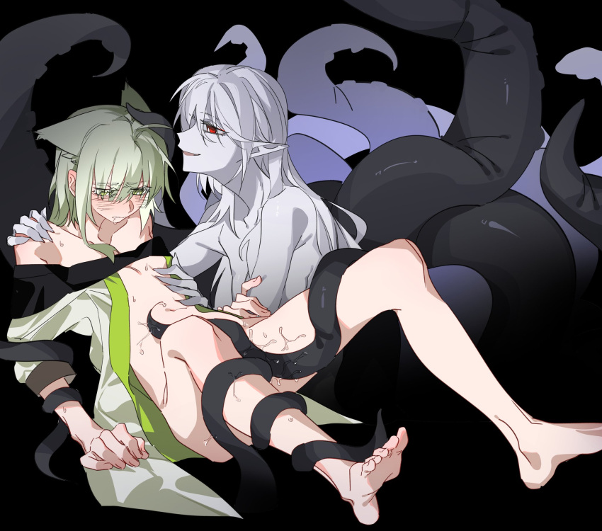 2girls animal_ears arknights bare_legs barefoot black_background blush bottomless cat_ears coat colored_skin commentary drooling green_coat green_eyes green_hair grey_hair grey_skin hand_on_another's_chest hand_on_another's_shoulder highres kal'tsit_(arknights) long_hair medium_hair molu_stranger multiple_girls open_clothes open_coat parted_lips pointy_ears pussy_juice red_eyes saliva simple_background skadi_(arknights) smile sweat tentacles yuri