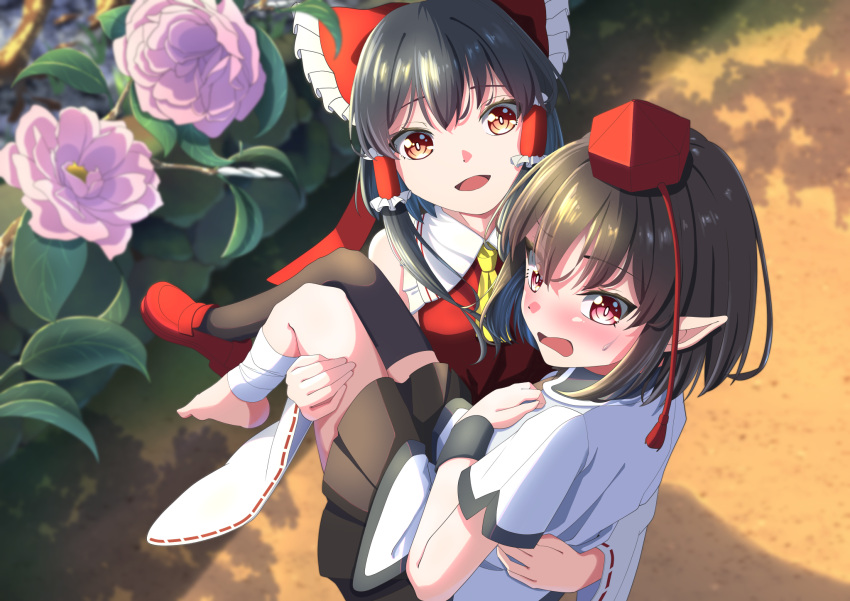 2girls amanoyayuki ascot bandaged_leg bandages black_hair black_skirt black_thighhighs blush bow carrying commentary detached_sleeves flower flower_request frilled_bow frilled_hair_tubes frills hair_bow hair_tubes hakurei_reimu hat highres injury long_hair medium_hair multiple_girls no_wings open_mouth pleated_skirt pointy_ears princess_carry red_bow red_eyes red_footwear red_hat ribbon-trimmed_sleeves ribbon_trim shameimaru_aya shirt shoes short_sleeves single_shoe single_thighhigh skirt smile sweatdrop thighhighs tokin_hat touhou white_shirt yellow_ascot