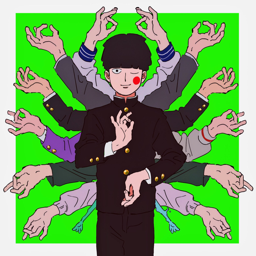 1boy ;) arms_up black_hair black_jacket blazer blush_stickers bowl_cut ekubo_(mob_psycho_100) extra_arms gakuran green_background hanazawa_teruki highres jacket kageyama_ritsu kageyama_shigeo light_smile long_sleeves male_focus mob_psycho_100 mudra multiple_hands one_eye_closed outside_border reigen_arataka school_uniform short_hair smile solo_focus split_theme sweater umkaqryi urna