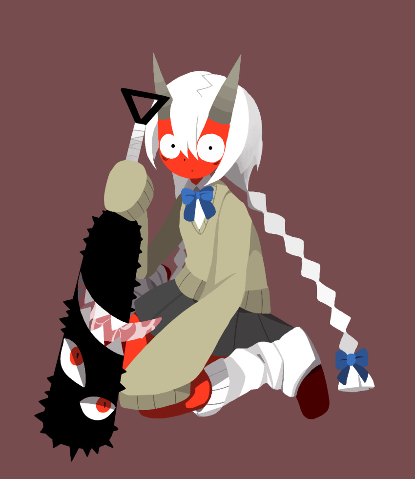 1girl blue_bow blue_bowtie bow bowtie braid closed_mouth collared_shirt demon_horns flat_color funamusea grey_skirt hair_between_eyes hair_bow highres holding_club horns kiku_(funamusea) long_hair looking_at_viewer loose_socks pleated_skirt red_background red_footwear shirt simple_background sitting skirt sleeves_past_fingers sleeves_past_wrists socks solo suiei12138 sweater_vest twin_braids wariza white_hair white_shirt white_socks yellow_sweater_vest