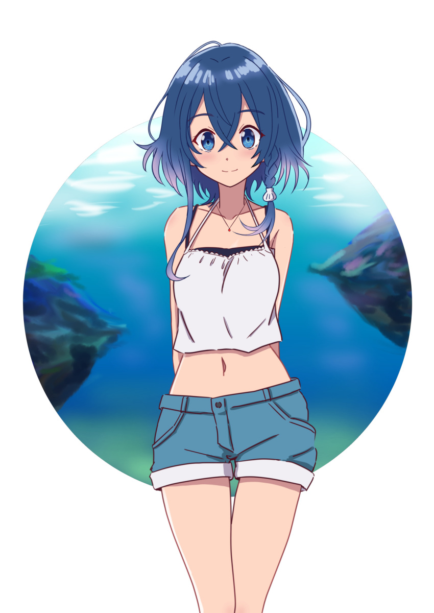 1girl arms_behind_back blue_eyes blue_hair blue_shorts braid camisole closed_mouth cowboy_shot denim denim_shorts halterneck highres jewelry looking_at_viewer midriff misakino_kukuru navel necklace shell_hair_ornament shiroi_suna_no_aquatope short_hair short_shorts shorts side_braid sin_rg smile solo standing white_camisole