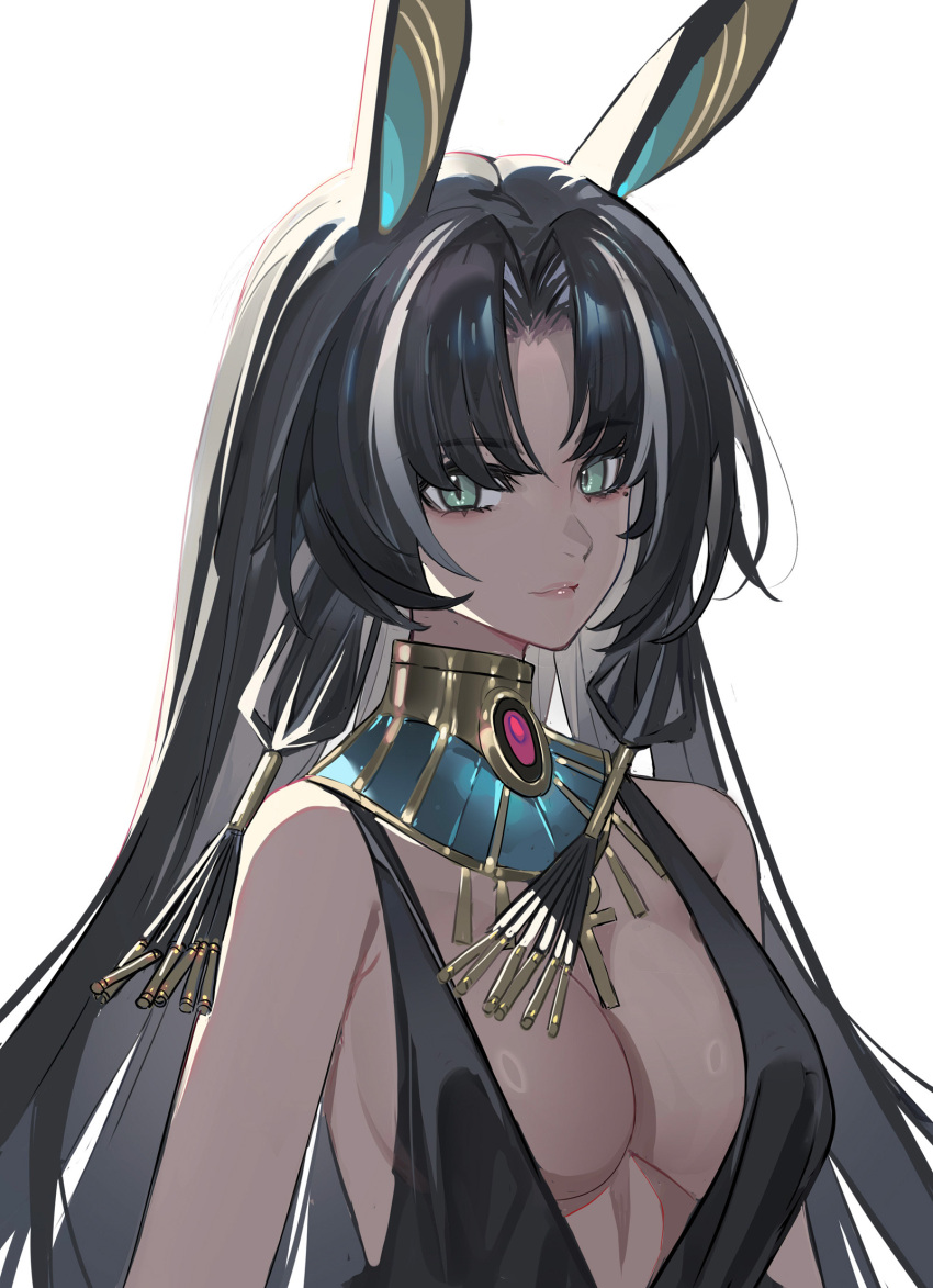 1girl animal_ears ankh aqua_eyes bare_shoulders black_dress black_hair breasts center_opening dark-skinned_female dark_skin dress echj egyptian highres long_hair looking_at_viewer medium_breasts original solo usekh_collar white_background